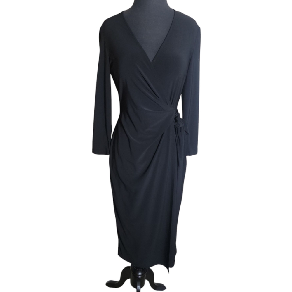 Anne Klein black faux wrap v neck midi dress 3/4 sleeve women's size 6 tie side